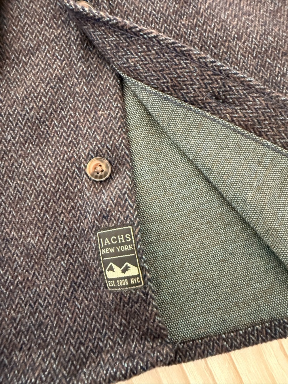 Jachs NY Men's Charcoal Herringbone Button-Down Shirt with Brown Corduroy Trim - Picture 6 of 8